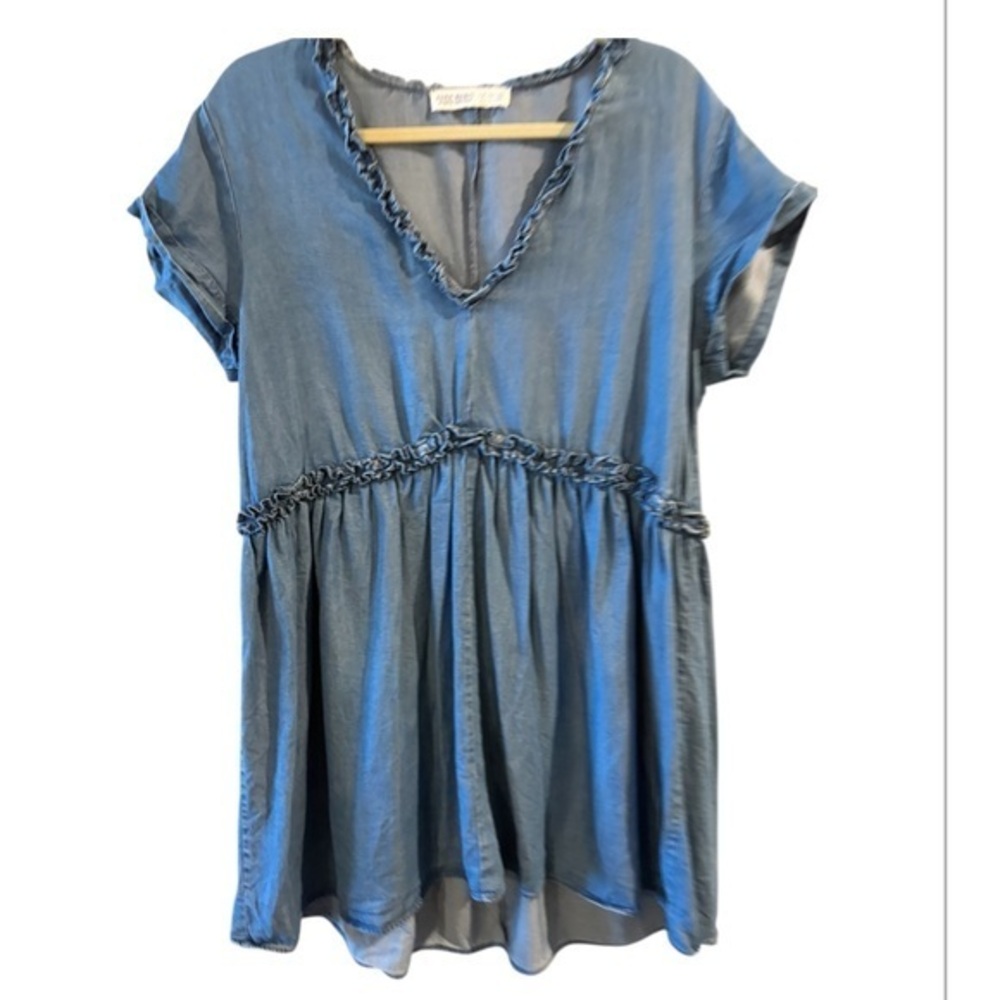 Zara Mini Chambray Swing Dress Ruffle Hem Short Cuffed Cap Sleeves Size L